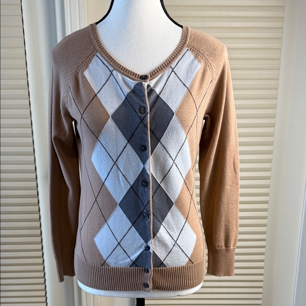 Jessica Cardigan Argyle Brown & Gray Cotton Golf Office Casual Women's Size S